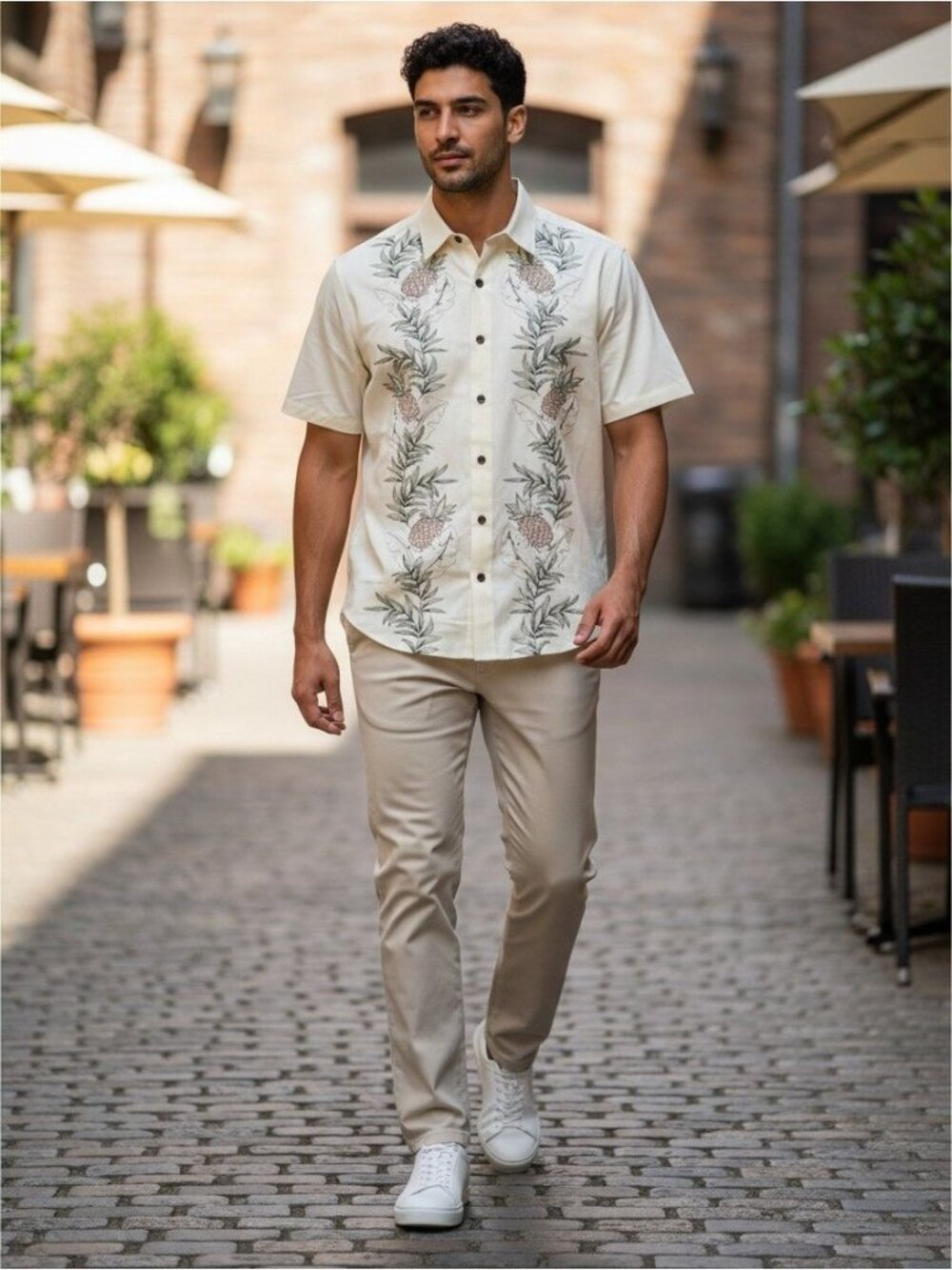 Caribbean Mens Embroidered Pineapple Short Sleeve Shirt Modal M Beige Tropical